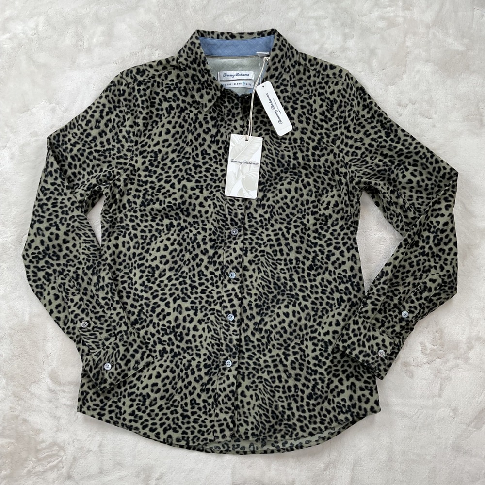 Tommy Bahama Women Lovely Leo Cord Shirt Feather Green Leopard Print XS SW321315